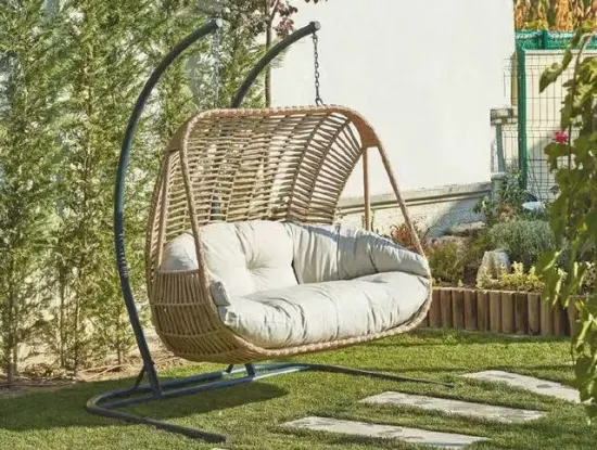 Silla columpio para acampar de ratán huevo con porche, asientos de banco al aire libre, dosel para jardín y Patio